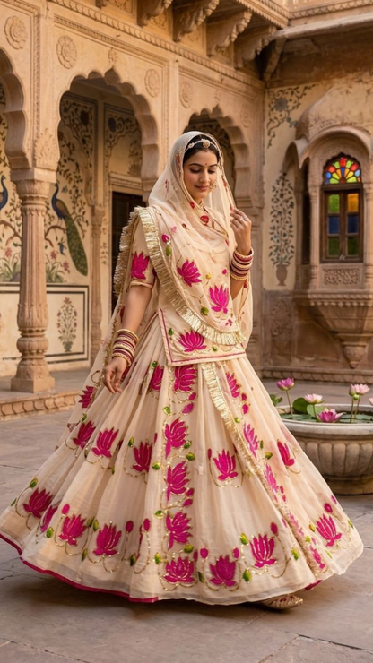 Rajputana Style Lotus Poshak | Natural Silk Handwork Designer Lehenga with Heavy Odhna