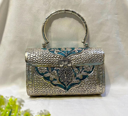 Shahi Silver Grace Brass Metal Clutch Bag for Women | Elegant Ethnic Party Handbag