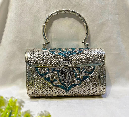 Shahi Silver Grace Brass Metal Clutch Bag for Women | Elegant Ethnic Party Handbag