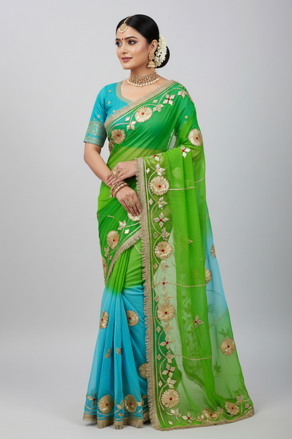 Pure Najmeen Chiffon Saree with Floral Gota Patti Work – Heavy Fancy Designer Saree