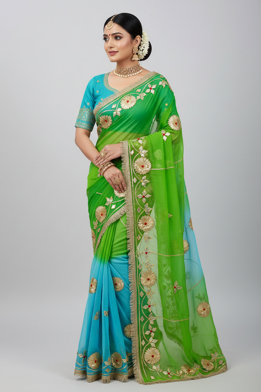 Pure Najmeen Chiffon Saree with Floral Gota Patti Work – Heavy Fancy Designer Saree