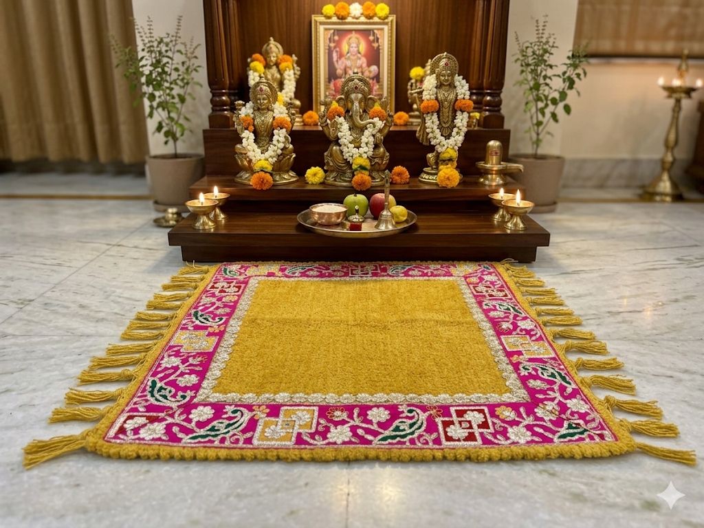 Royal Handwoven Designer Puja Mat Aasan for Mandir & Rituals | Red Yellow Prayer Mat