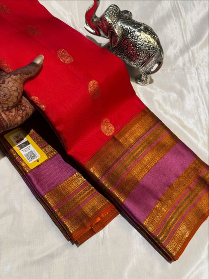 Red Kanchipuram Pure Silk Saree with Purple & Golden Border – Silk Mark Certified