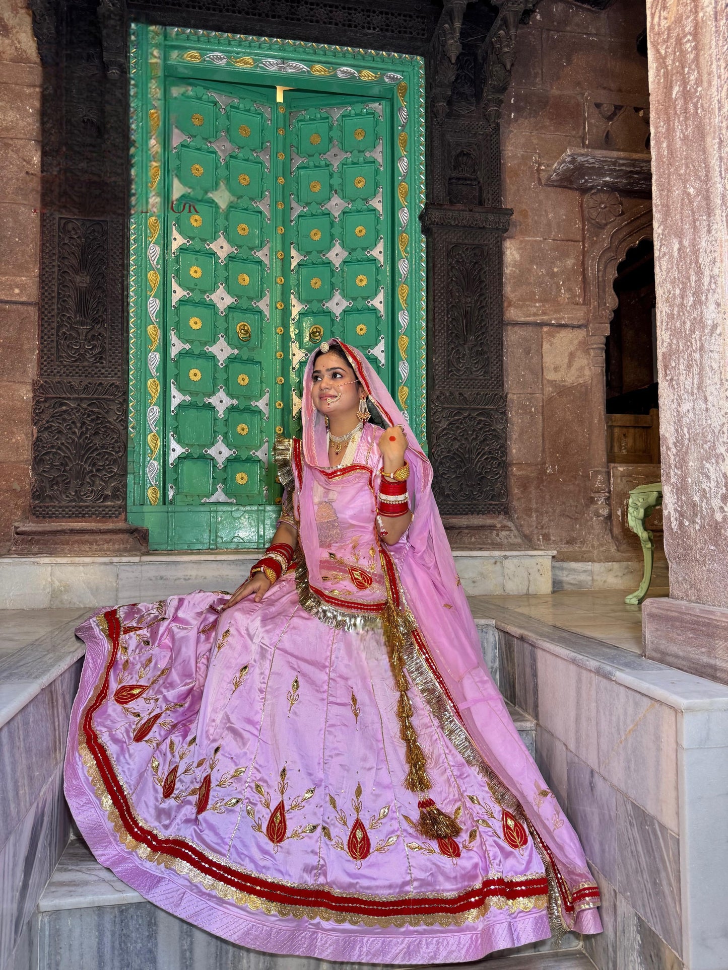 32 Kali Big Gher Rajputi Poshak – Satin Lehenga with Hamrahi Odhna & Gota Patti Work | Unstitched Partywear Poshak