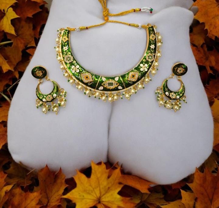 American Diamond (A.D.) Meenakari Hasli Necklace Set with Earrings | Premium Festive & Wedding Jewellery