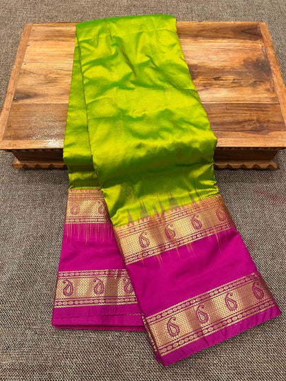 Kanjivaram Pure Silk Paithani Saree – Traditional Zari Border with Shoulder Butti & Contrast Blouse
