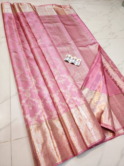 Pure Kanchipuram Silk Saree – Silk Mark Certified Pink Zari Woven Beauty