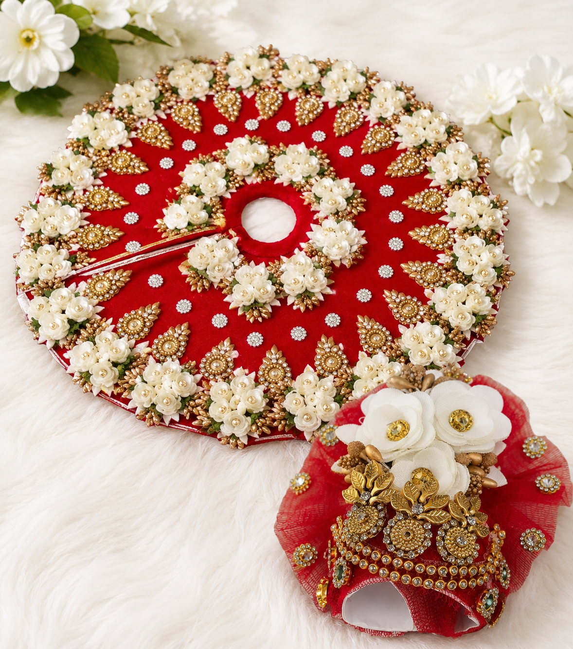 Festive Floral Red Laddu Gopal Poshak with Pagri and Stone Work