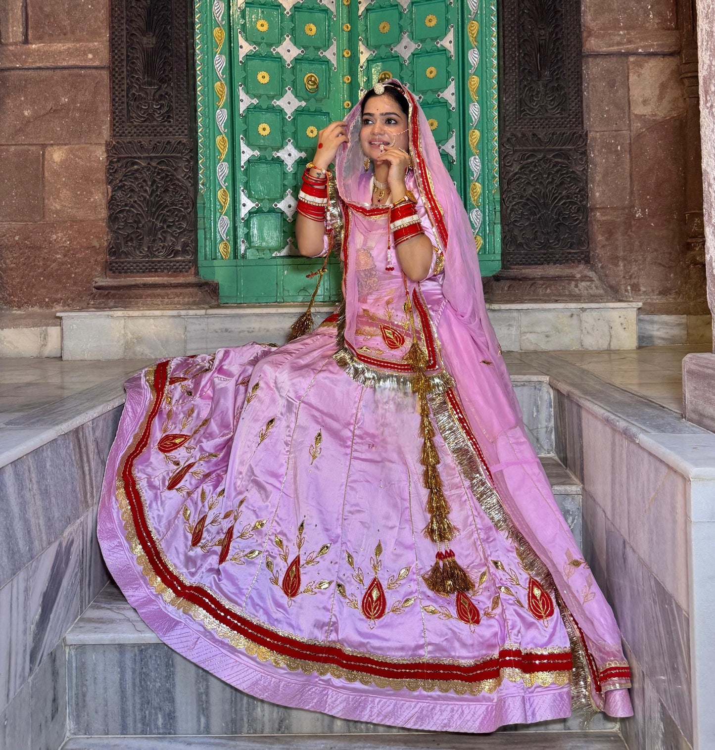 32 Kali Big Gher Rajputi Poshak – Satin Lehenga with Hamrahi Odhna & Gota Patti Work | Unstitched Partywear Poshak