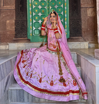 32 Kali Big Gher Rajputi Poshak – Satin Lehenga with Hamrahi Odhna & Gota Patti Work | Unstitched Partywear Poshak