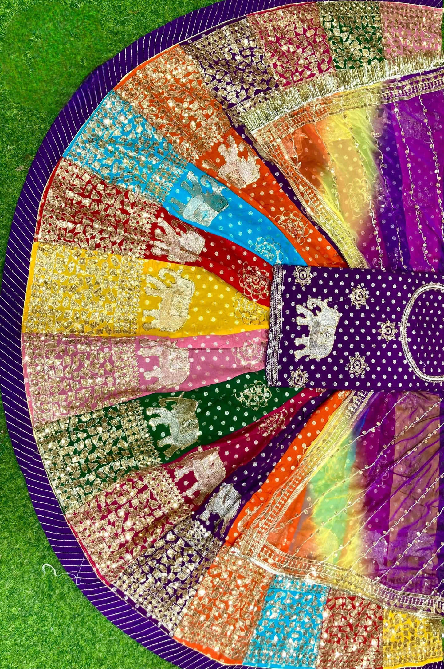 Traditional Multicolour  Royal Elephant work Rajasthani Poshak – Banarasi 32 Kali Lehenga with Zari & Sequin Work