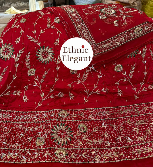 Bridal Bember Satin Poshak with Pure Thakurji Odhna | Heavy Jardoji & Dabka Handwork