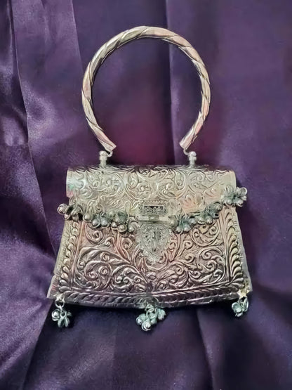 Chandi Sa Batua Luxury Ethnic Brass Party Clutch Bag | Antique Silver Wedding Purse for Women