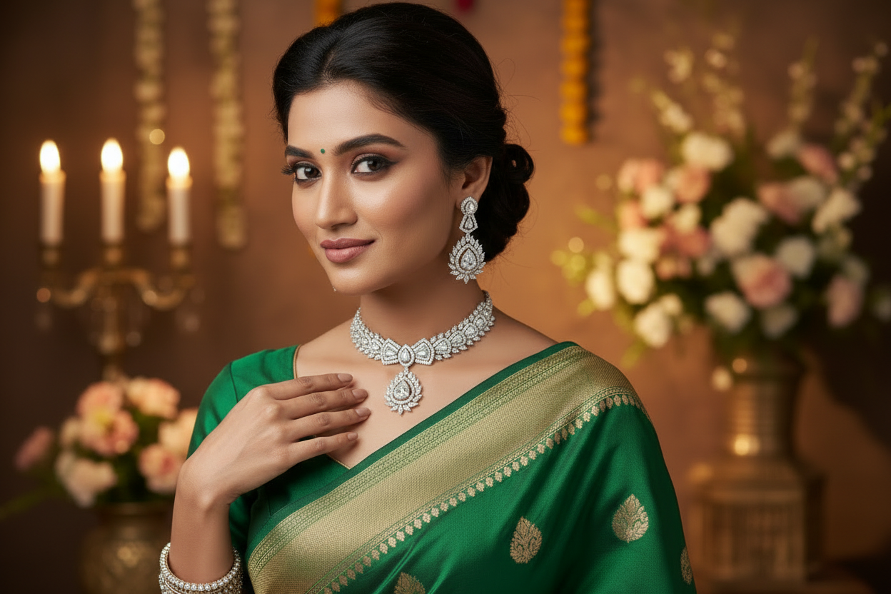 Premium Floral AD Diamond Necklace Set with Earrings | Partywear Designer Jewelry