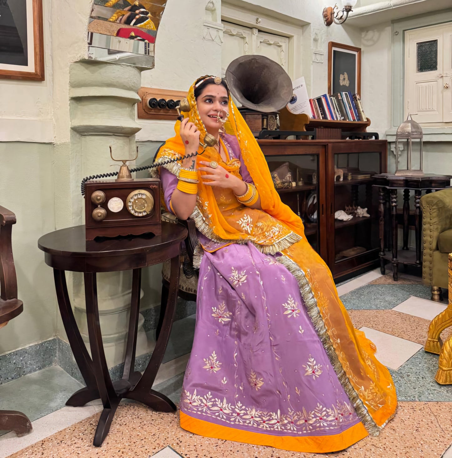 Elegant Partywear Rajasthani Poshak – Natural Crepe with Aari, Resham, Gota Patti & Kundan Work