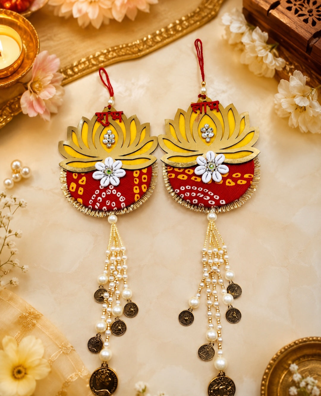 Bandhani Lotus Shubh Labh Hanging with Coin & Pearl Tassels  size: 15*inch