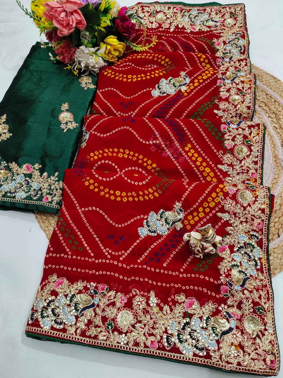 Traditional Handwork Chunri Pilla – Bandhani Georgette Saree with Heavy Embroidery Border
