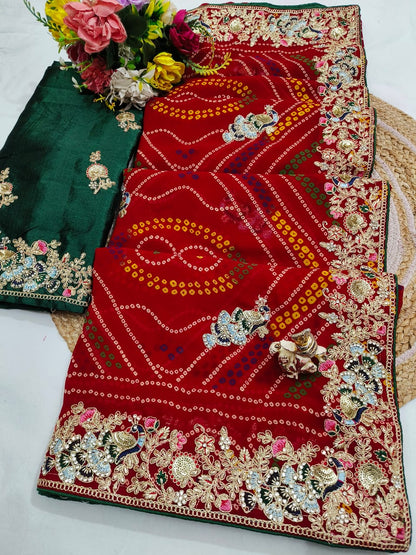 Traditional Handwork Chunri Pilla – Bandhani Georgette Saree with Heavy Embroidery Border