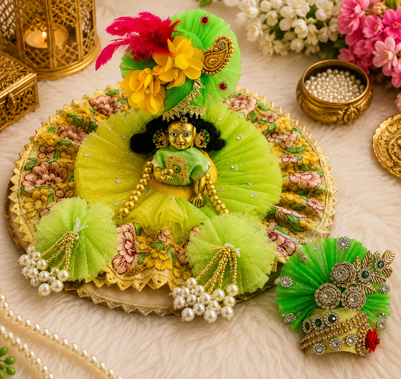 Handcrafted Lime Green Laddu Gopal Poshak Set with Mukut, Mala & Pagri | Krishna Dress