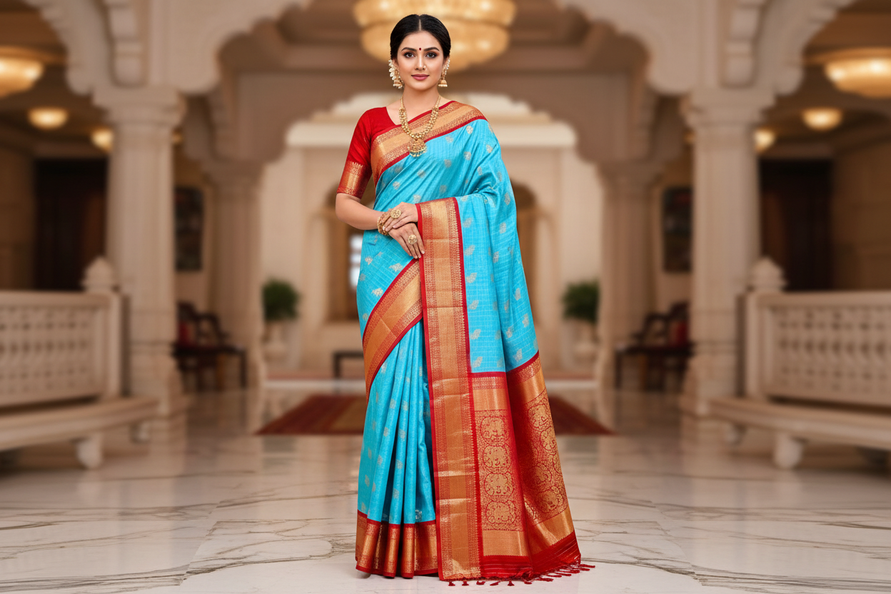 Pure Kanjivaram Silk Saree with Fancy Gap Border – Kanjipuram Silk Mark Certified