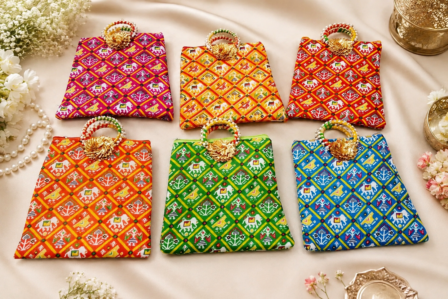 Perfect Premium  Return Gift for Ganpati, Janmashtami & Navratri Puja Return Gift Combo | Handcrafted 10 piece Bell 🔔  10 piece  Diya & 10 piece Designer Potli Bags