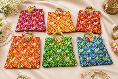 Perfect Premium  Return Gift for Ganpati, Janmashtami & Navratri Puja Return Gift Combo | Handcrafted 10 piece Bell 🔔  10 piece  Diya & 10 piece Designer Potli Bags