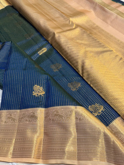Golden Checks & Butta Pure Kanjipuram Silk Saree – Silk Mark Certified Handwoven Saree