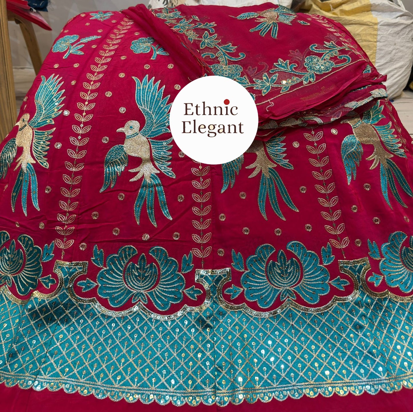 Luxury Natural Silk Rajputi Poshak Set | Heavy Patch Work & Handwork Odhna | Premium Ethnic Dress