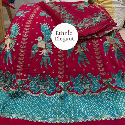 Luxury Natural Silk Rajputi Poshak Set | Heavy Patch Work & Handwork Odhna | Premium Ethnic Dress