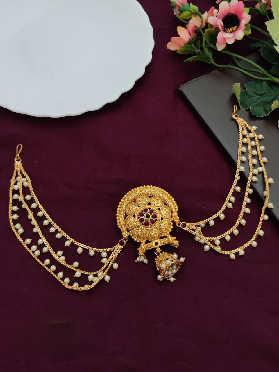 Antique Gold Hair Brooch with Chain – Bridal Juda Pin 3 Layer Hair Accessory for Wedding & Festive Wear