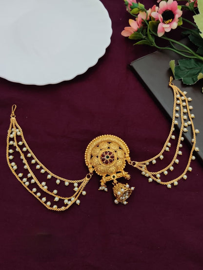 Antique Gold Hair Brooch with Chain – Bridal Juda Pin 3 Layer Hair Accessory for Wedding & Festive Wear