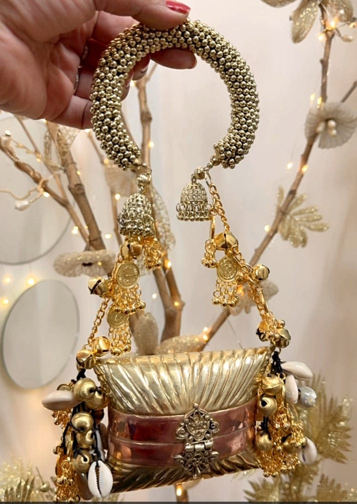 Glam Party Brass Clutch Bag with Pearl Handle – Viral Fashion Trend Clutch