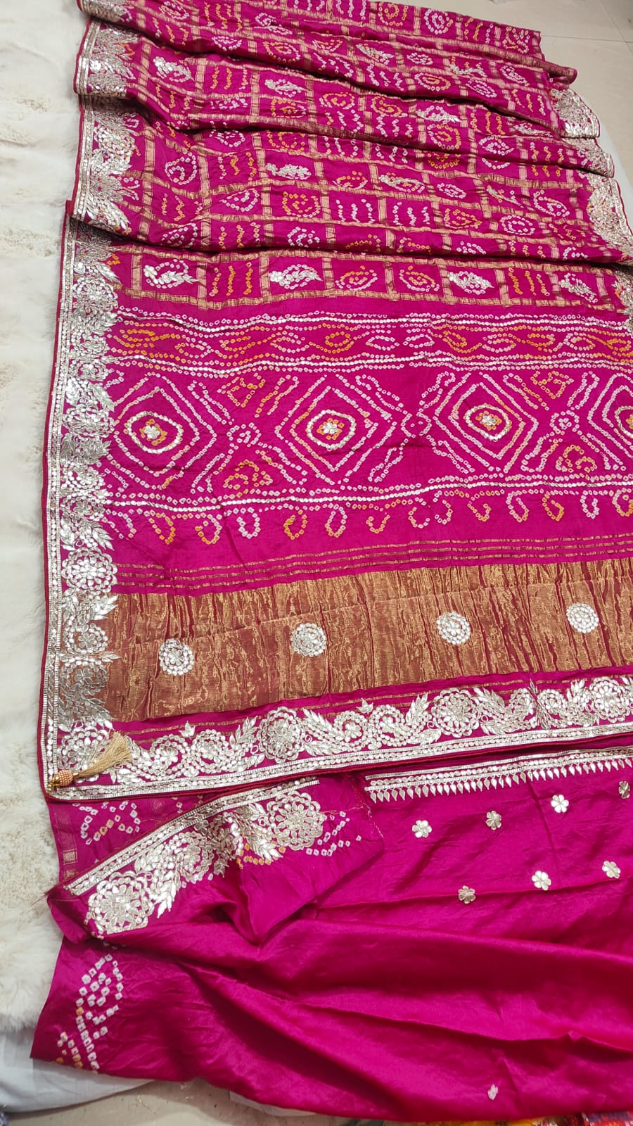 Pure Modal Gajji Silk Bandhej Saree with Heavy Zero Gota Patti Handwork