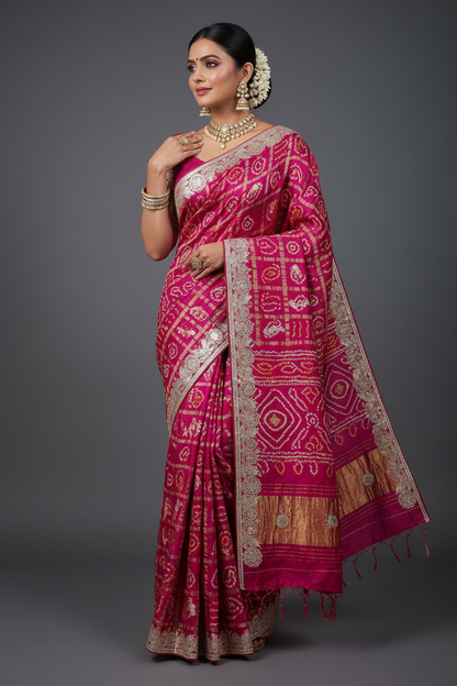 Pure Modal Gajji Silk Bandhej Saree with Heavy Zero Gota Patti Handwork