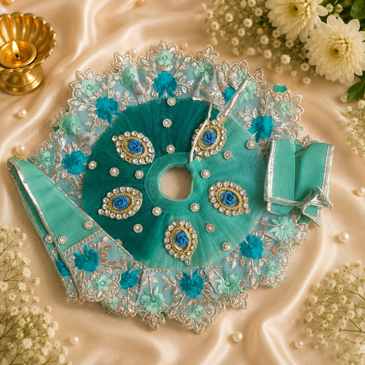 Sea Green Embroidery Ladoo Gopal Poshak | Designer Krishna Dress