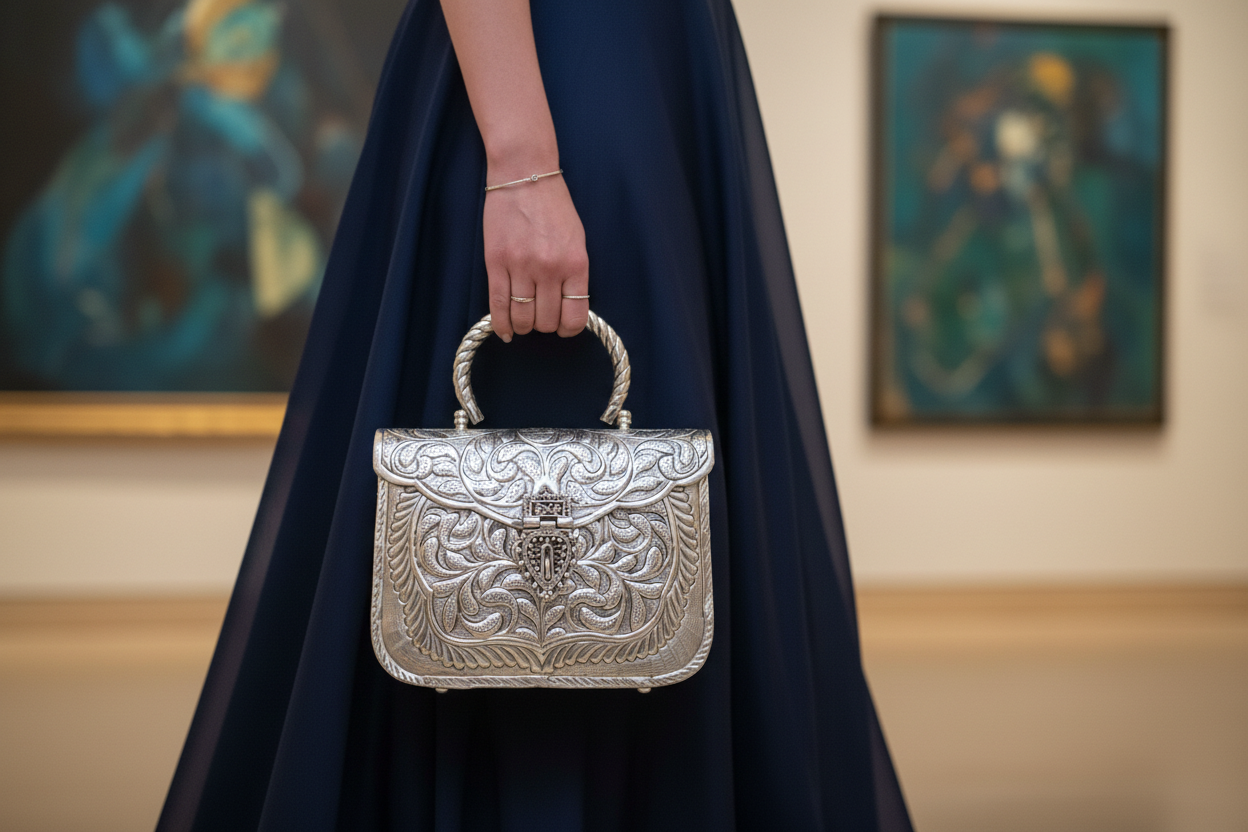 Royal Vintage Silver Brass Clutch Bag | Antique Ethnic Handbag for Weddings & Partywear