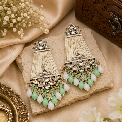 Kundan Tassel Earrings with Pearl & Pastel Beads – Boho Festive Statement Jewelry