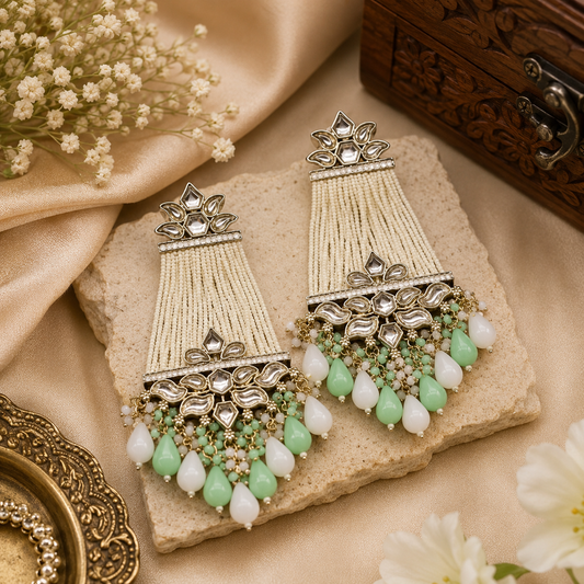 Kundan Tassel Earrings with Pearl & Pastel Beads – Boho Festive Statement Jewelry