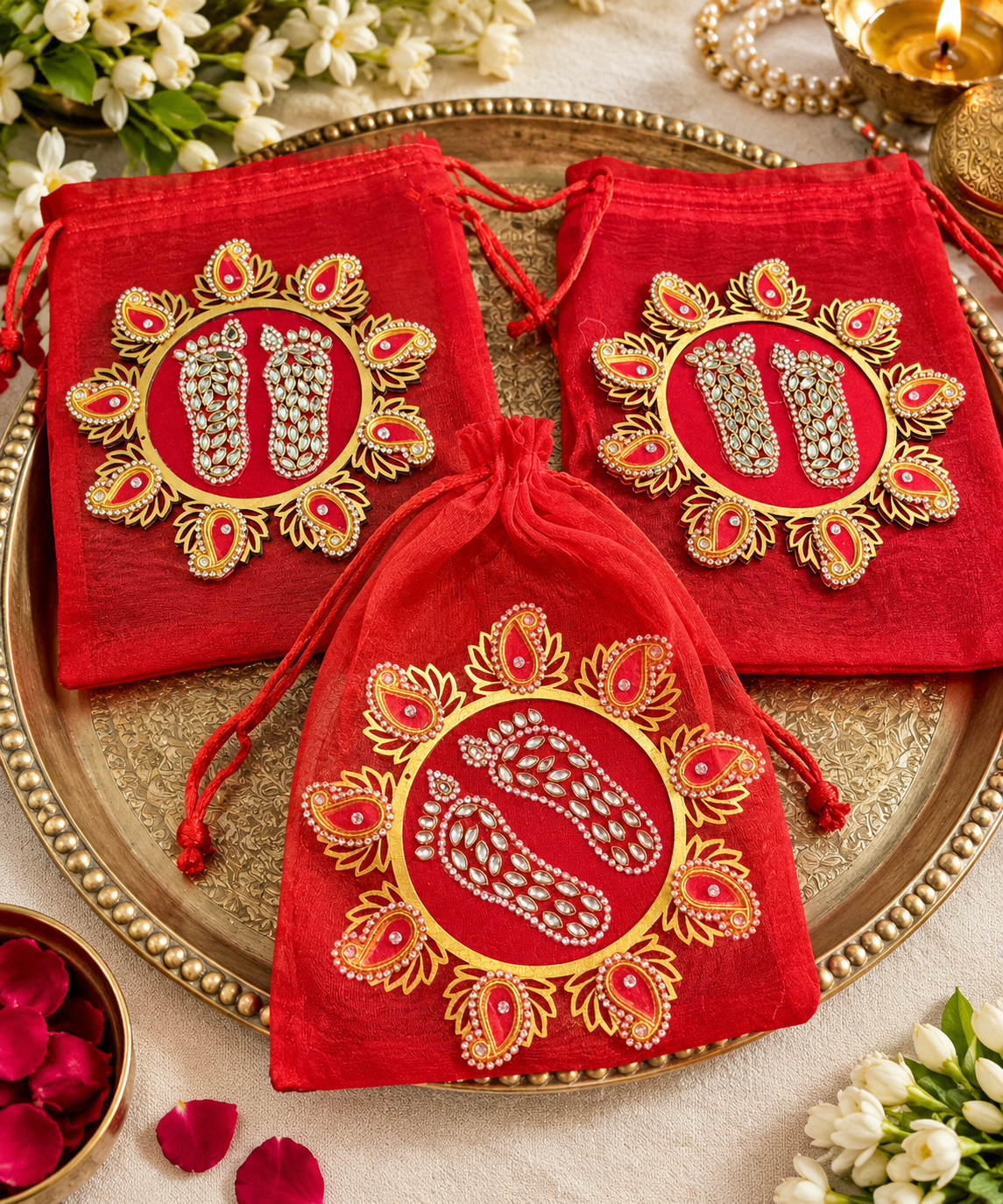 Laxmiji Charan Beautiful lotus platter with Potli Bag pack of 2