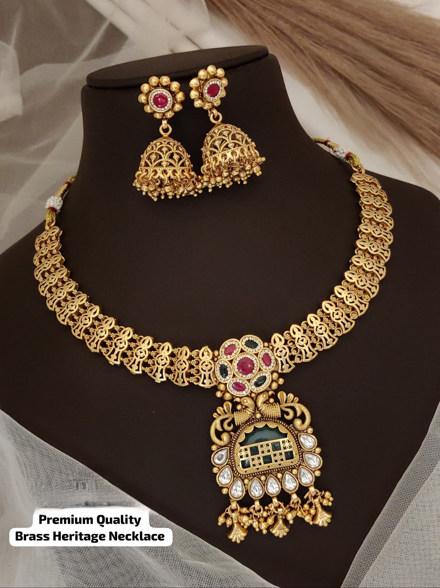 Premium Brass Traditional Necklace Set with Earrings – Bridal & Festive Jewelry