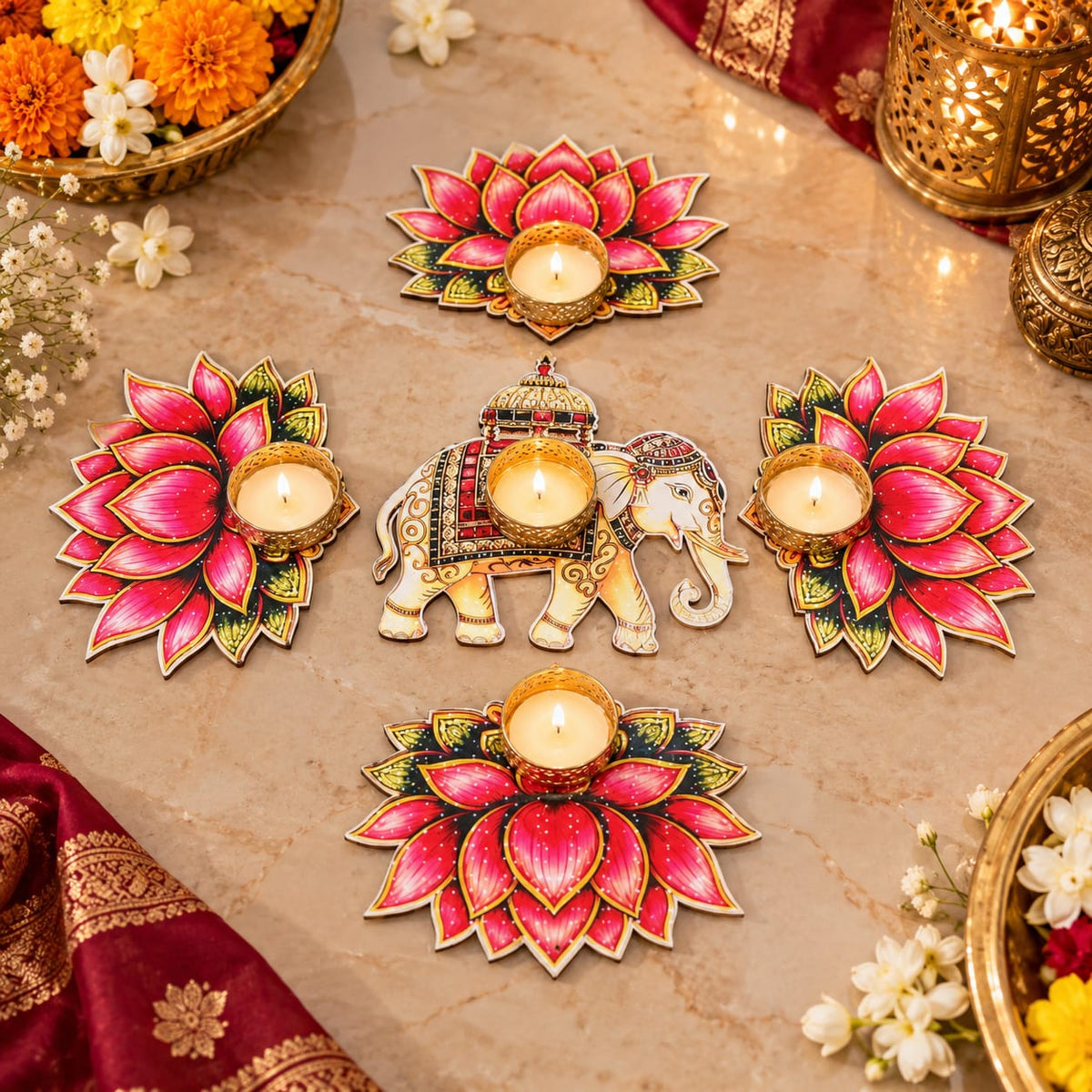 Lotus Elephant  tealight Rangoli MDF Rangoli set  without wax