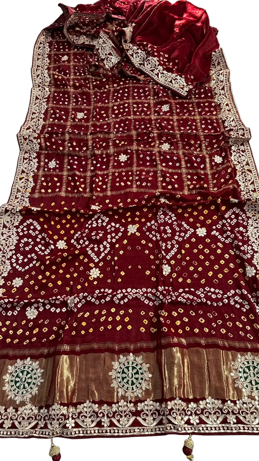 Pure Modal Gajji silk Gotta Patti Zari work Traditional Red & Maroon     Ghatchola saree