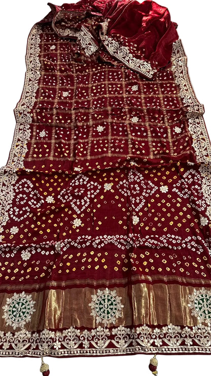 Pure Modal Gajji silk Gotta Patti Zari work Traditional Red & Maroon     Ghatchola saree