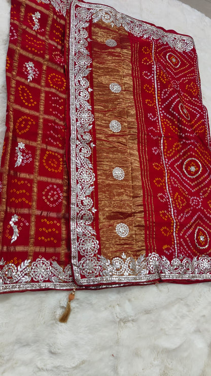 Pure Modal Gajji Silk Bandhej Saree with Heavy Zero Gota Patti Handwork