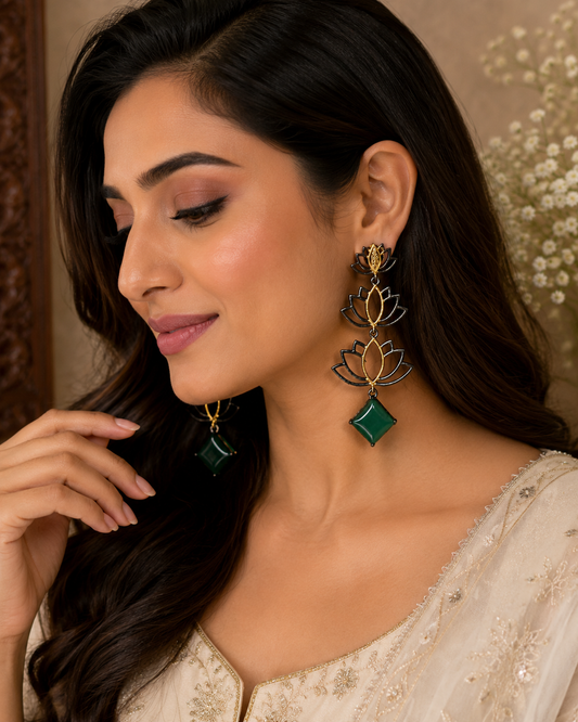 Lotus Design Statement Earrings with Green Stone – Elegant Indo-Western Festive Jewelry
