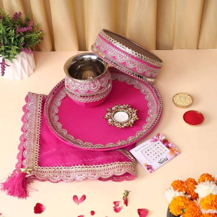 Beautiful Pink Traditional karwa chauth Pooja Thali set