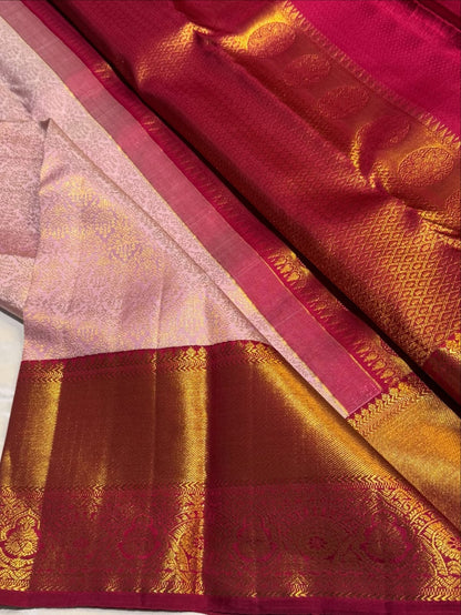 Royal Baby Pink Rani Golden Zari Kanjivaram Pure Silk Saree – Silk Mark Certified