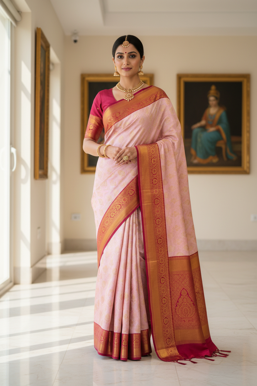 Royal Baby Pink Rani Golden Zari Kanjivaram Pure Silk Saree – Silk Mark Certified