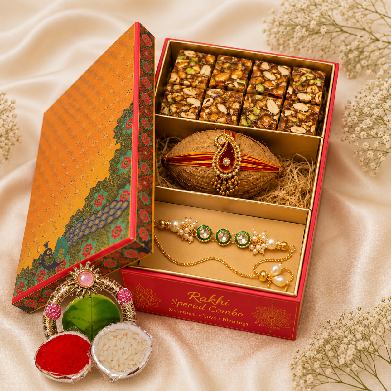 Tyoharmart Premium Rakshabandhan Special Rakhi Combo Gift Box with designer Nariyal & Roli chawal Platter/ Customized Available