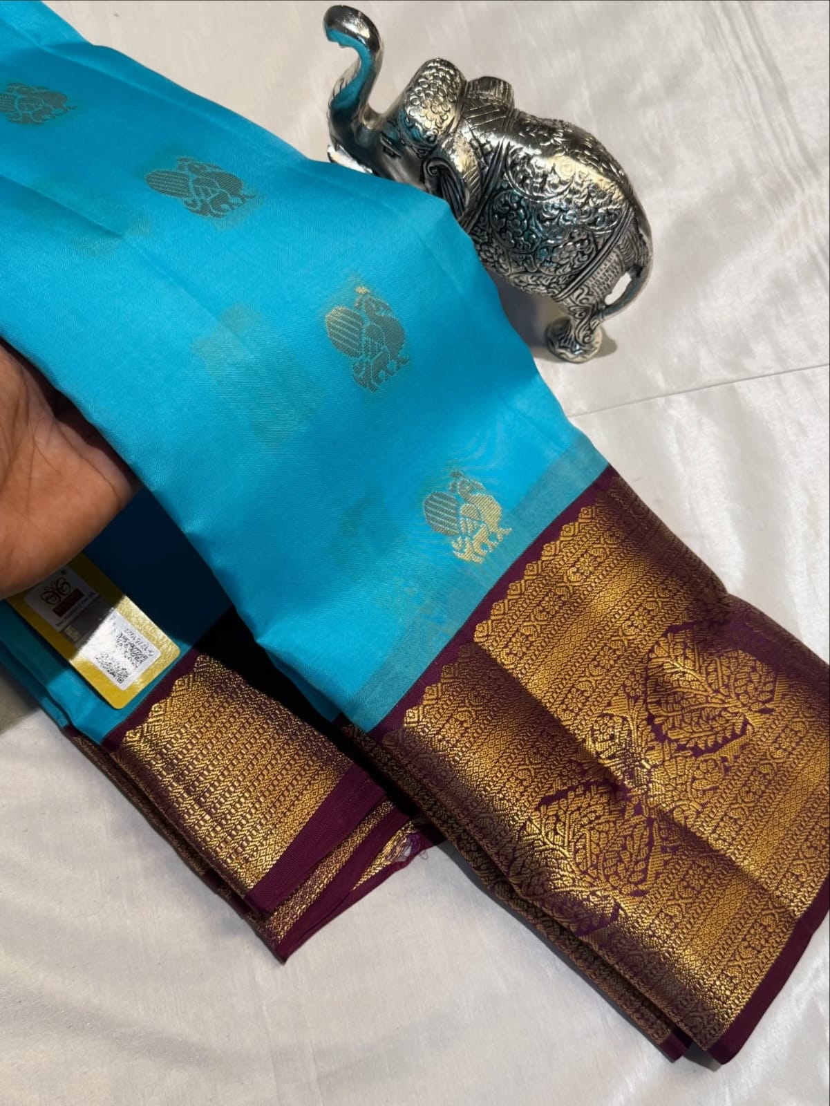 Gorgeous Blue & Wine Kanjivaram Pure Silk Saree with Peacock & Butta Work – Silk Mark Certified